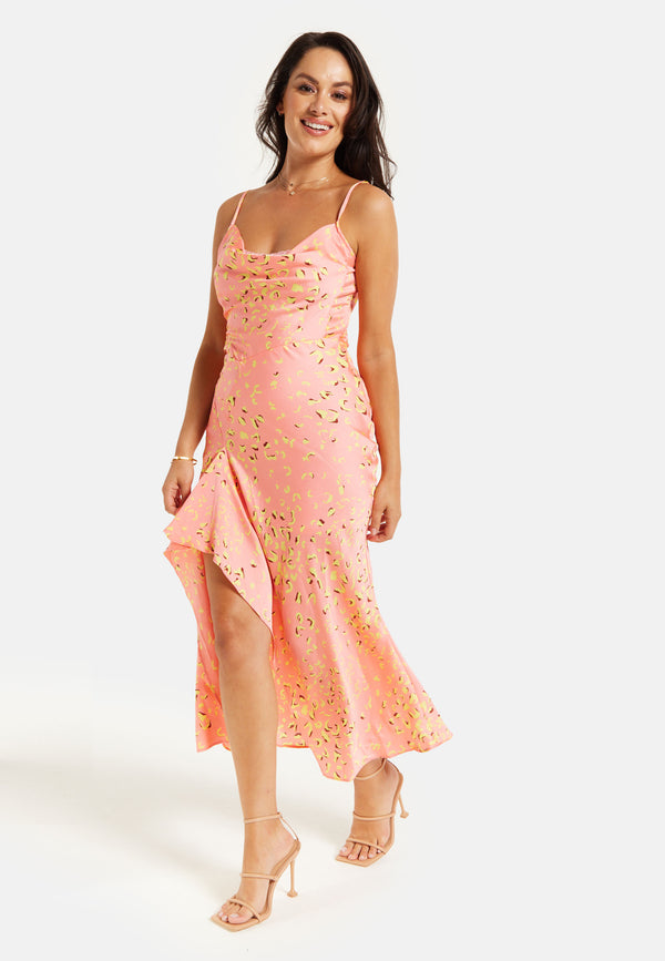 Liquorish Women’s Maxi Dress in Peach with Cowl Neck Spaghetti Straps and Abstract Animal Print