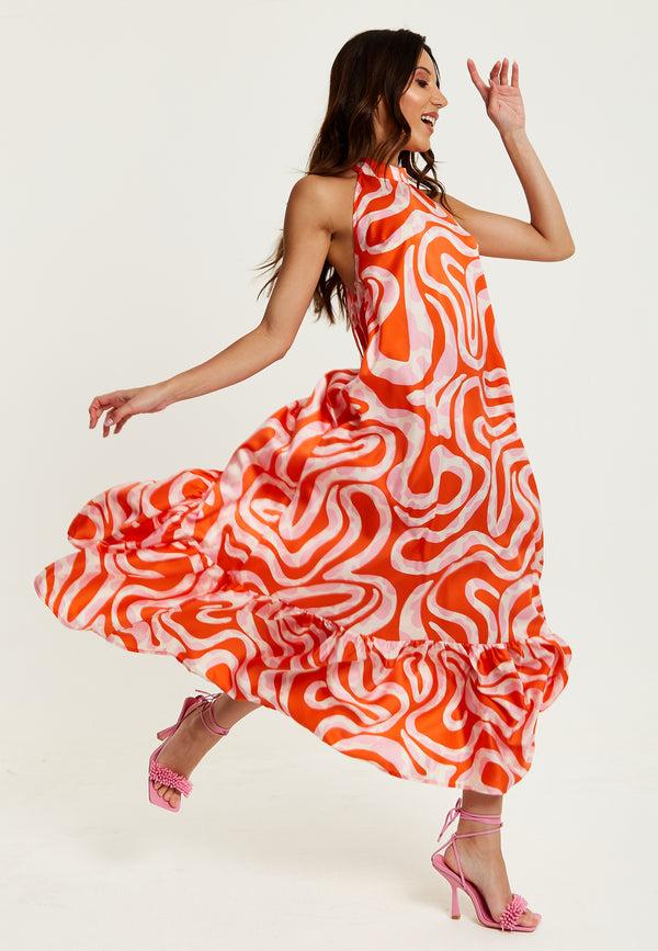 Liquorish Women's Maxi Dress In Pink And Red Abstract Print Sleeveless Halter Neck Smock Style Effortless Elegance By Liquorish