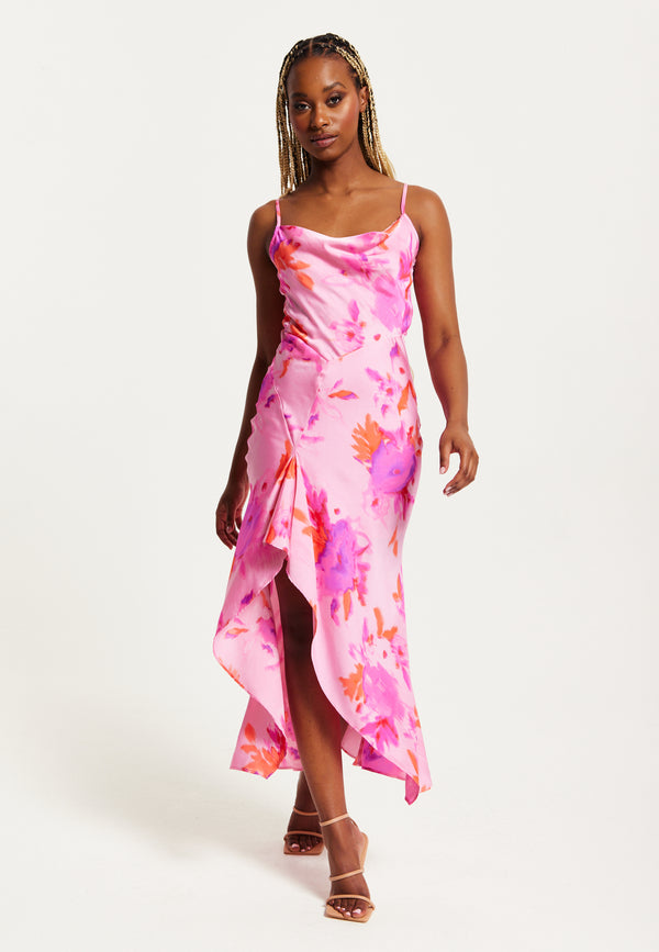 Liquorish Women's Maxi Dress In Pink With Cowl Neck Floral Print Lace Detail Front Slit And Regular Fit By Liquorish