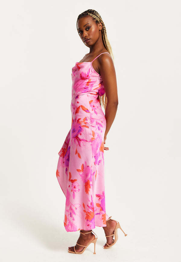 Liquorish Women's Maxi Dress In Pink With Cowl Neck Floral Print Lace Detail Front Slit And Regular Fit By Liquorish