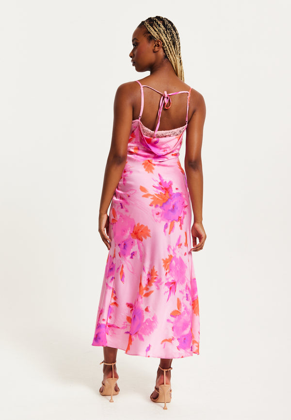 Liquorish Women's Maxi Dress In Pink With Cowl Neck Floral Print Lace Detail Front Slit And Regular Fit By Liquorish