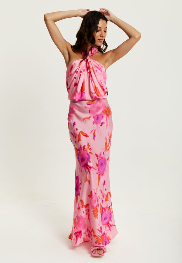 Liquorish Women's Maxi Dress In Pink With Halter Neck And Open Back Detail - Liquorish
