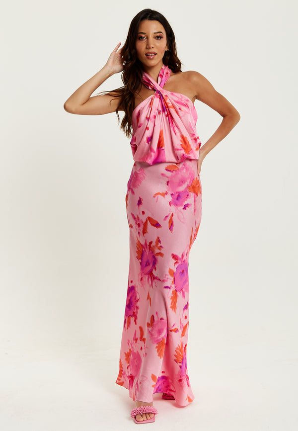 Liquorish Women's Maxi Dress In Pink With Halter Neck And Open Back Detail - Liquorish