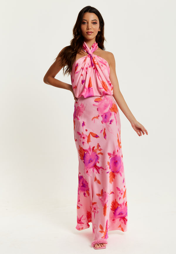Liquorish Women's Maxi Dress In Pink With Halter Neck And Open Back Detail - Liquorish