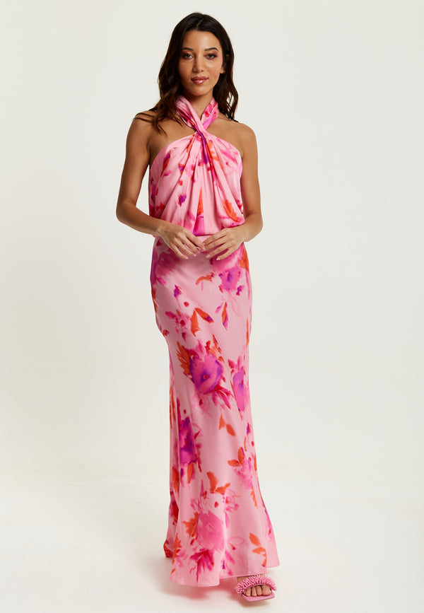Liquorish Women's Maxi Dress in Pink with Halter Neck and Open Back Detail - Liquorish