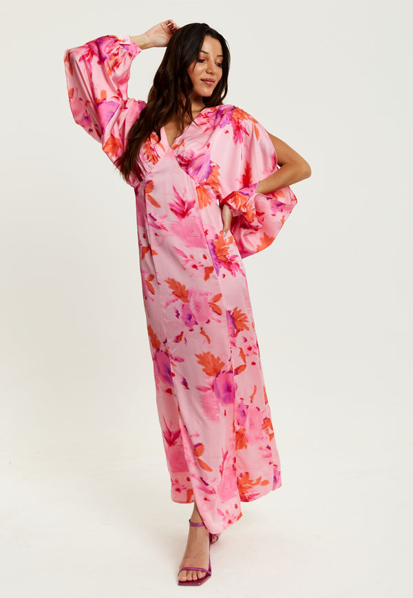Liquorish Women's Maxi Dress In Pink With Sleeve Slits And Floral Print Elegant Design By Liquorish
