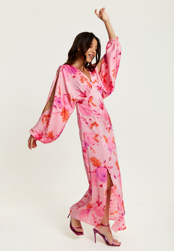 Liquorish Women's Maxi Dress In Pink With Sleeve Slits And Floral Print Elegant Design By Liquorish