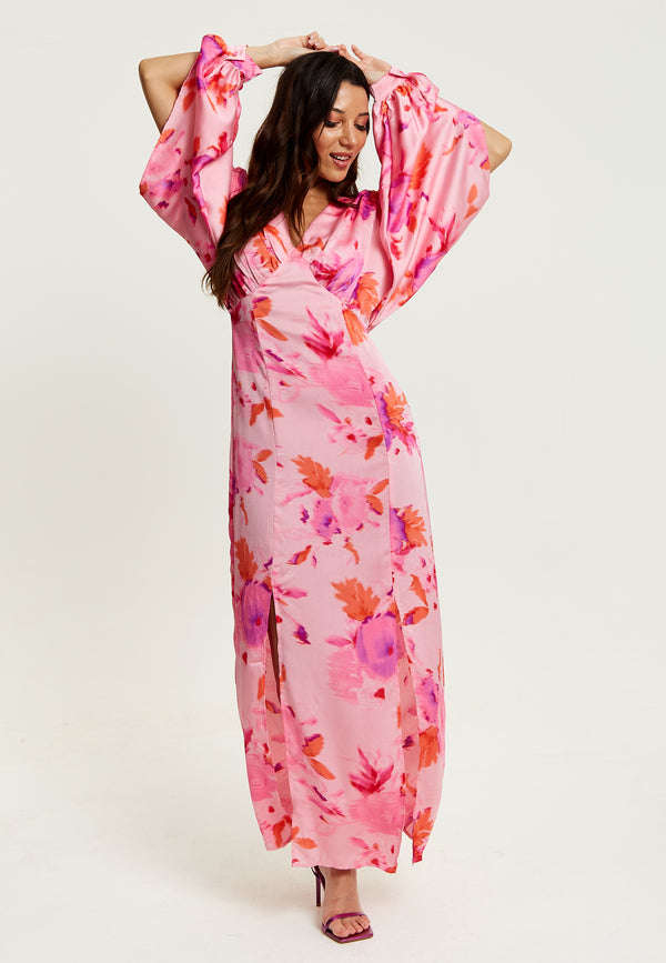 Liquorish Women's Maxi Dress In Pink With Sleeve Slits And Floral Print Elegant Design By Liquorish