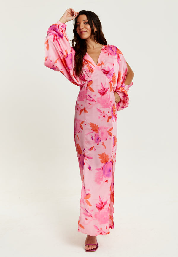 Liquorish Women's Maxi Dress in Pink with Sleeve Slits and Floral Print Elegant Design by Liquorish