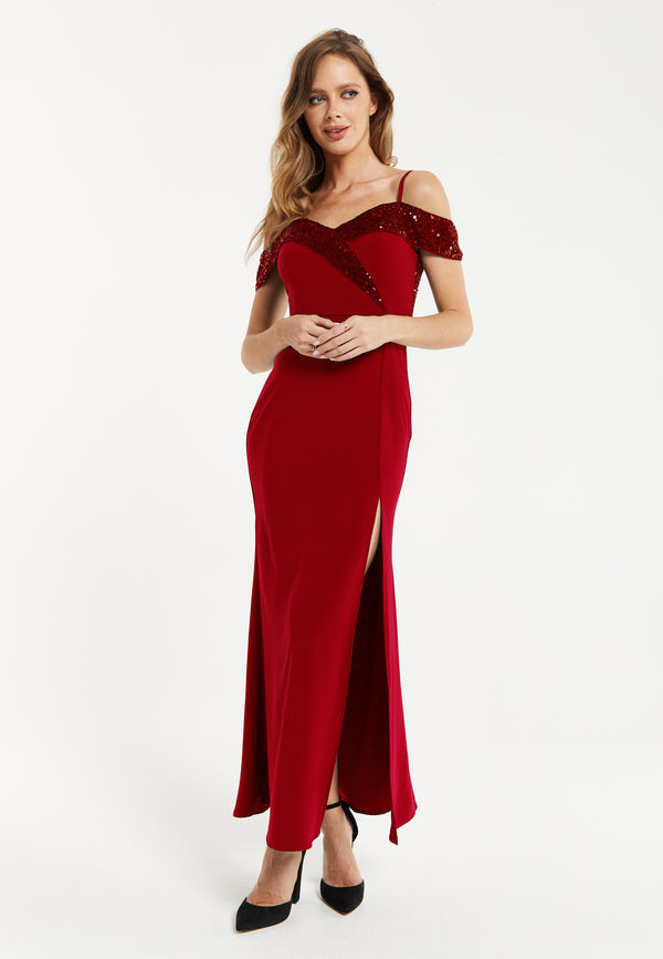 Liquorish Women's Maxi Dress In Red With Off-Shoulder Design Thigh-High Slit & Sequin Detail - Liquorish