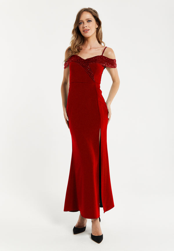 Liquorish Women's Maxi Dress In Red With Off-Shoulder Design Thigh-High Slit & Sequin Detail - Liquorish