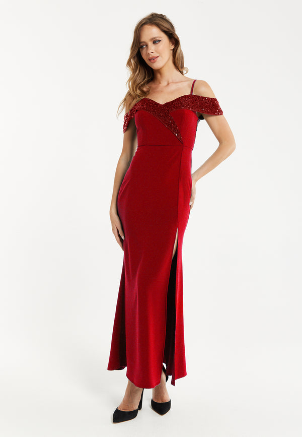 Liquorish Women's Maxi Dress in Red with Off-Shoulder Design Thigh-High Slit & Sequin Detail - Liquorish