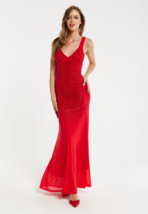 Liquorish Women’s Maxi Dress in Red with Sleeveless Design and Open Back Detail Perfectly Dazzling - Liquorish