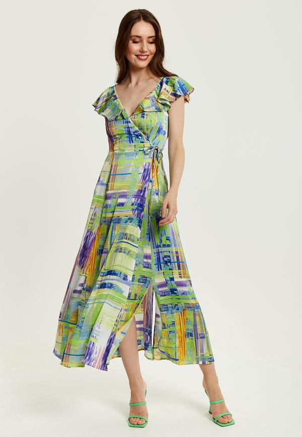 Liquorish Women's Maxi Dress In Sage And Purple With Flouncy Sleeves And Abstract Print - Liquorish