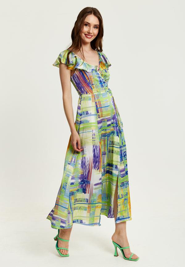 Liquorish Women's Maxi Dress In Sage And Purple With Flouncy Sleeves And Abstract Print - Liquorish