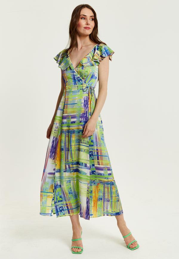 Liquorish Women's Maxi Dress In Sage And Purple With Flouncy Sleeves And Abstract Print - Liquorish