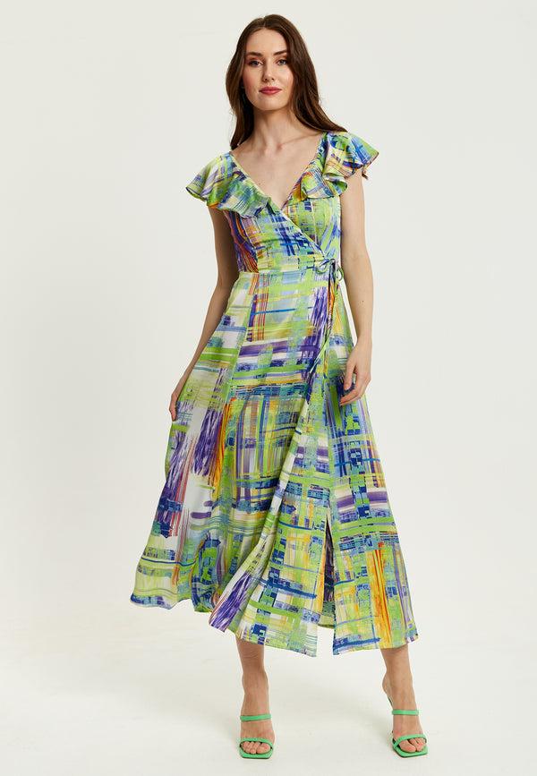 Liquorish Women's Maxi Dress in Sage and Purple with Flouncy Sleeves and Abstract Print - Liquorish