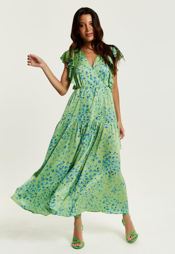 Liquorish Women's Maxi Dress In Sage With V-Neck And Flouncy Sleeves - Liquorish
