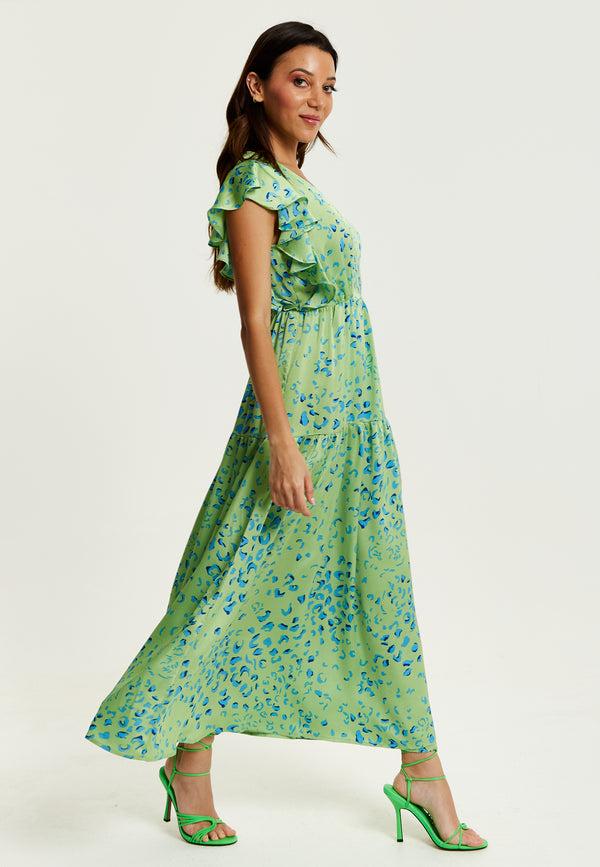 Liquorish Women's Maxi Dress In Sage With V-Neck And Flouncy Sleeves - Liquorish