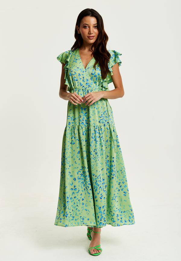Liquorish Women's Maxi Dress In Sage With V-Neck And Flouncy Sleeves - Liquorish
