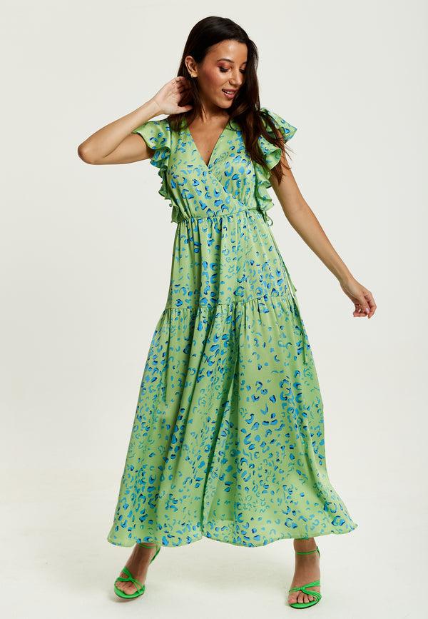 Liquorish Women's Maxi Dress in Sage with V-Neck and Flouncy Sleeves - Liquorish