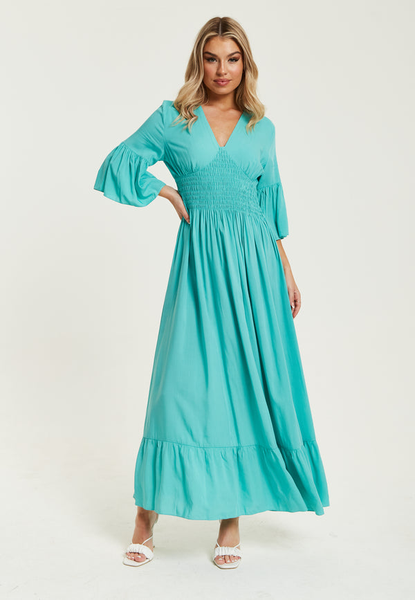 Liquorish Women's Maxi Dress In Striking Green With Frill Short Sleeves And V-Neck Design - Liquorish