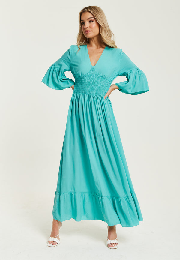 Liquorish Women's Maxi Dress In Striking Green With Frill Short Sleeves And V-Neck Design - Liquorish