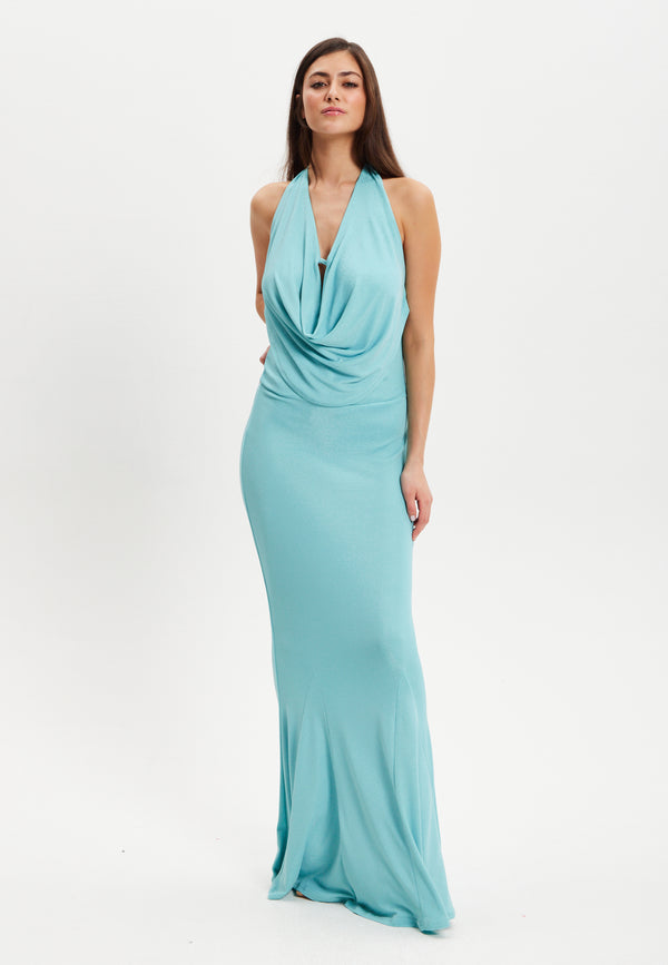 Liquorish Women's Maxi Dress In Turquoise With Halter Neck Tie And Full-Length Sleeves - Liquorish