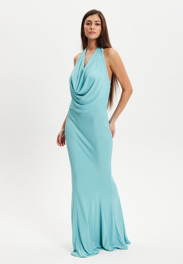 Liquorish Women's Maxi Dress In Turquoise With Halter Neck Tie And Full-Length Sleeves - Liquorish
