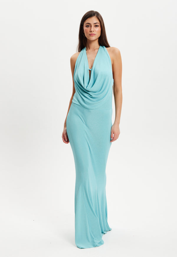 Liquorish Women's Maxi Dress in Turquoise with Halter Neck Tie and Full-Length Sleeves - Liquorish