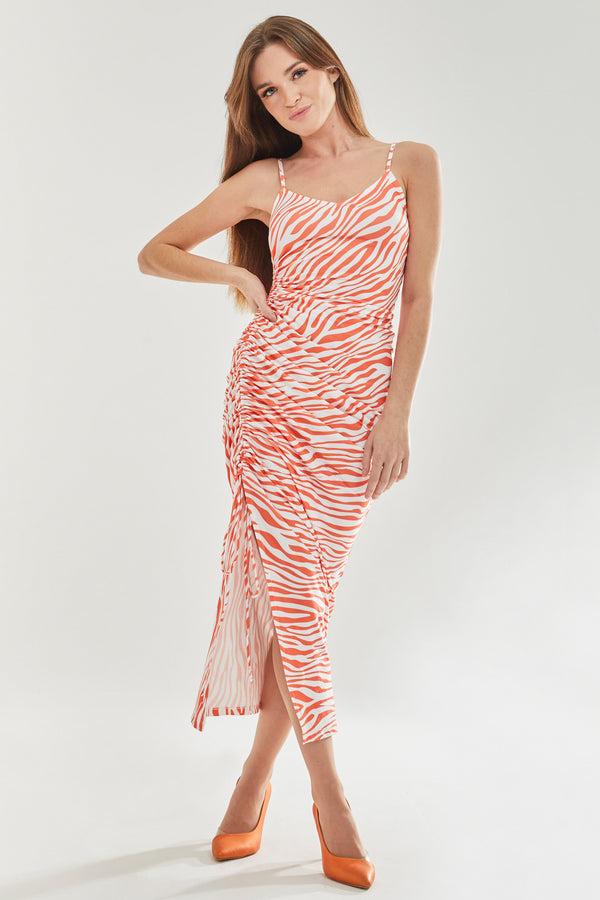 Liquorish Women's Maxi Dress In Vibrant Orange And White Zebra Print With Front Slit And Tie Detail