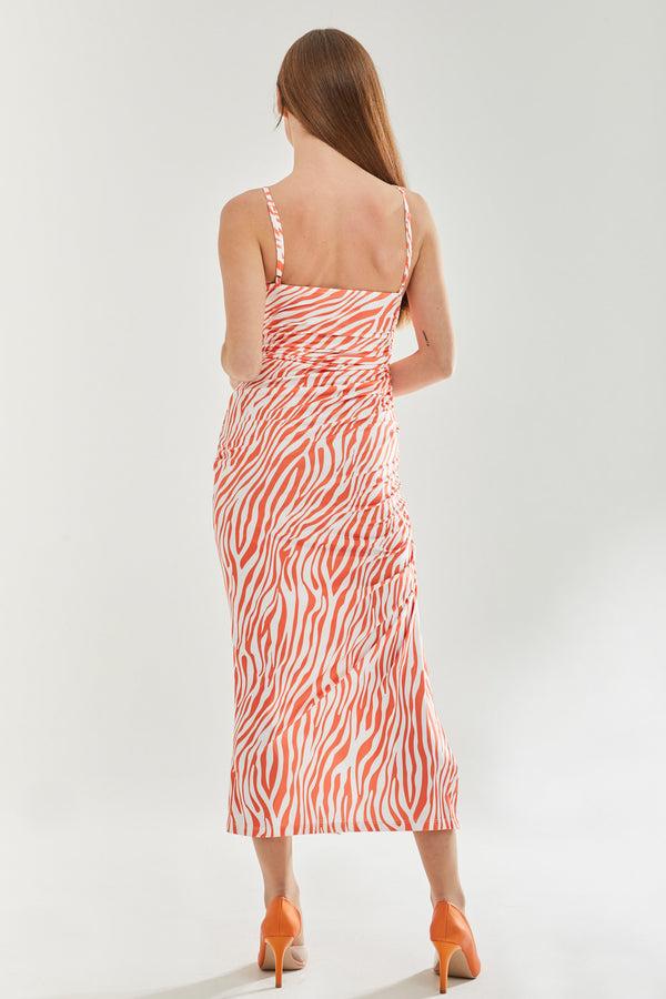 Liquorish Women's Maxi Dress In Vibrant Orange And White Zebra Print With Front Slit And Tie Detail