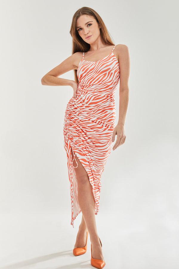 Liquorish Women's Maxi Dress in Vibrant Orange and White Zebra Print with Front Slit and Tie Detail