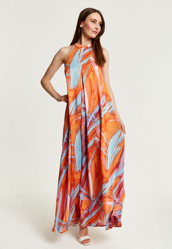 Liquorish Women’s Maxi Dress In Vibrant Orange With High Neck And Sleeveless Design - Liquorish