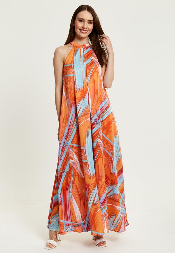 Liquorish Women’s Maxi Dress In Vibrant Orange With High Neck And Sleeveless Design - Liquorish