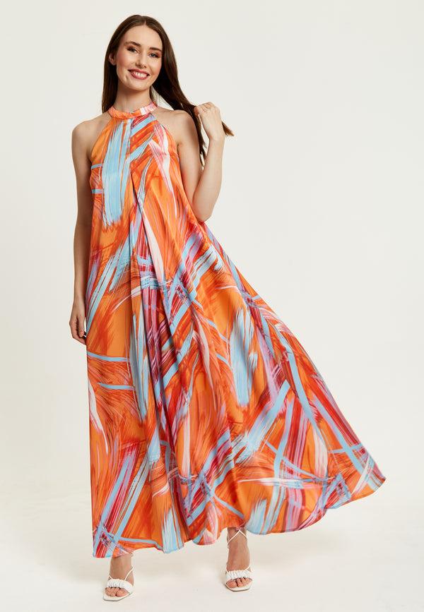 Liquorish Women’s Maxi Dress In Vibrant Orange With High Neck And Sleeveless Design - Liquorish