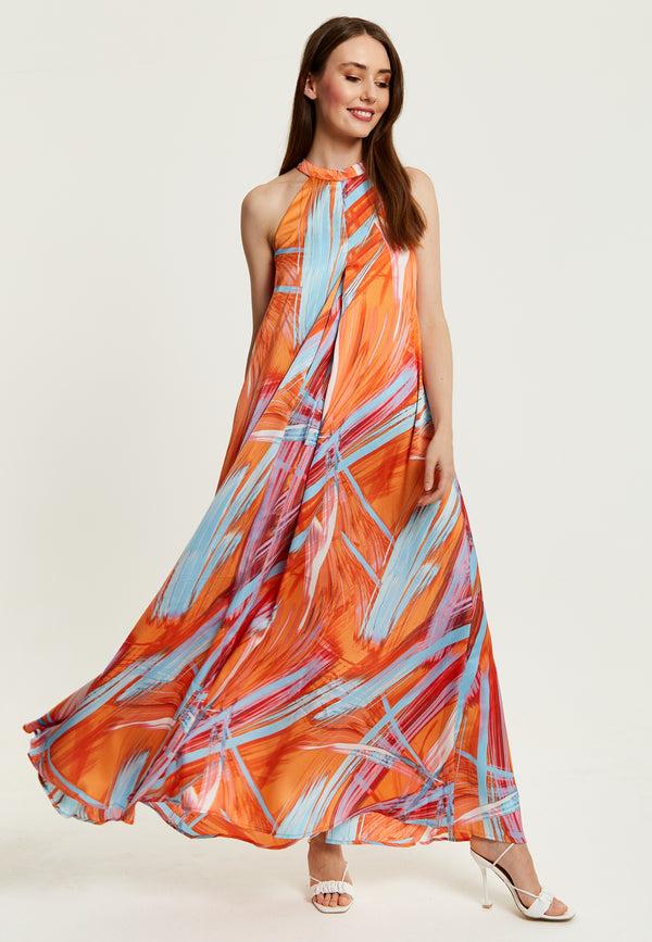 Liquorish Women’s Maxi Dress in Vibrant Orange with High Neck and Sleeveless Design - Liquorish
