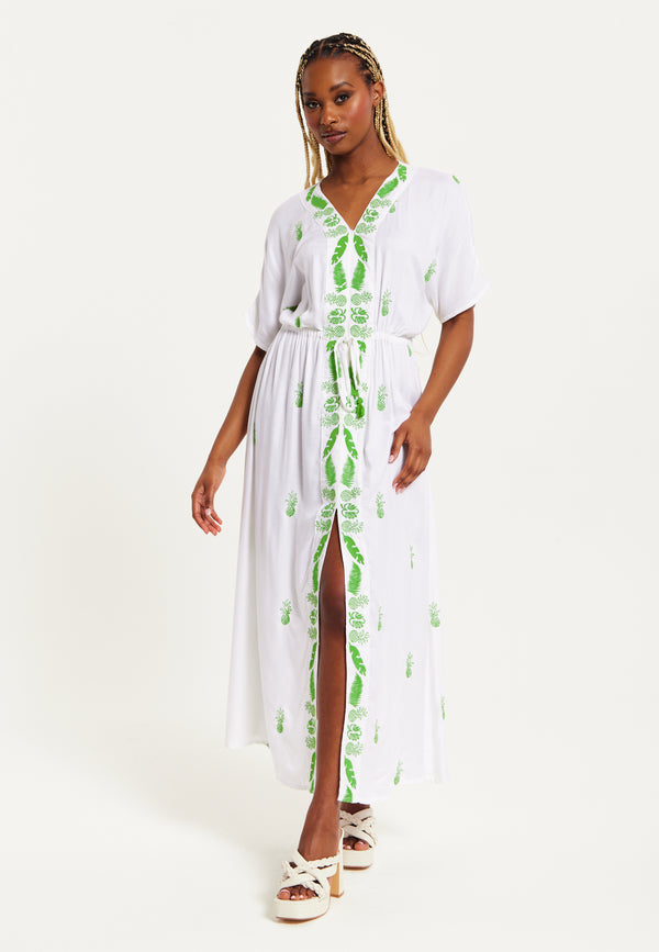 Liquorish Women's Maxi Dress In White With Short Sleeves And Front Slit Featuring Green Pineapple Embroidery - Liquorish
