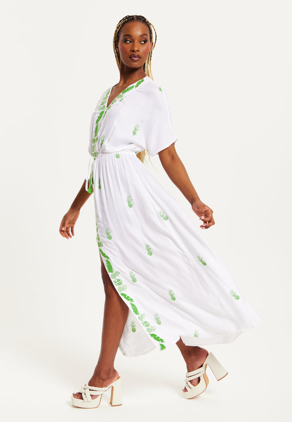 Liquorish Women's Maxi Dress In White With Short Sleeves And Front Slit Featuring Green Pineapple Embroidery - Liquorish
