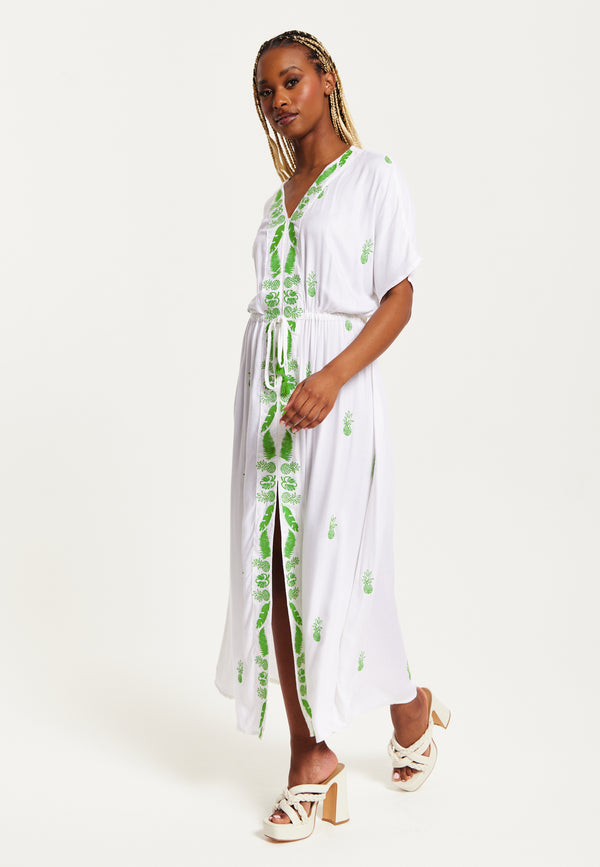 Liquorish Women's Maxi Dress In White With Short Sleeves And Front Slit Featuring Green Pineapple Embroidery - Liquorish