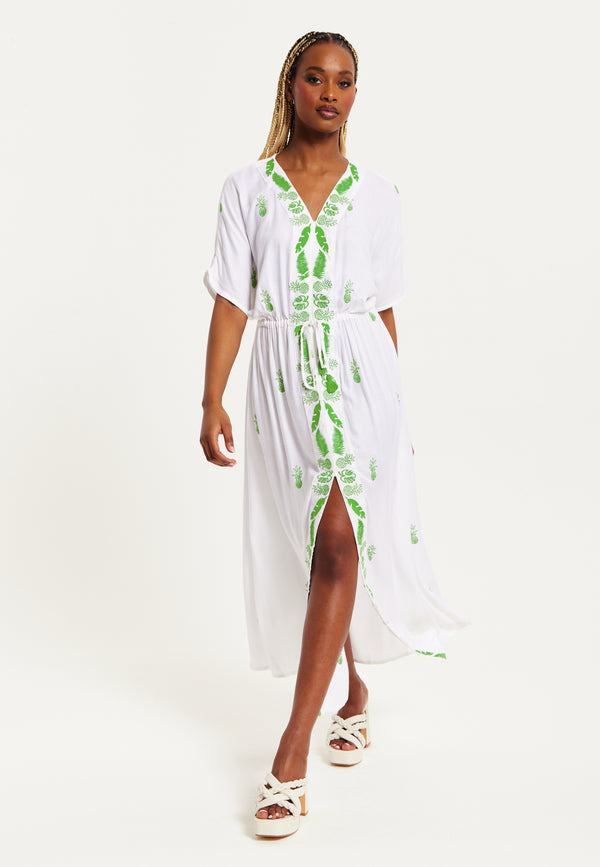 Liquorish Women's Maxi Dress in White with Short Sleeves and Front Slit Featuring Green Pineapple Embroidery - Liquorish