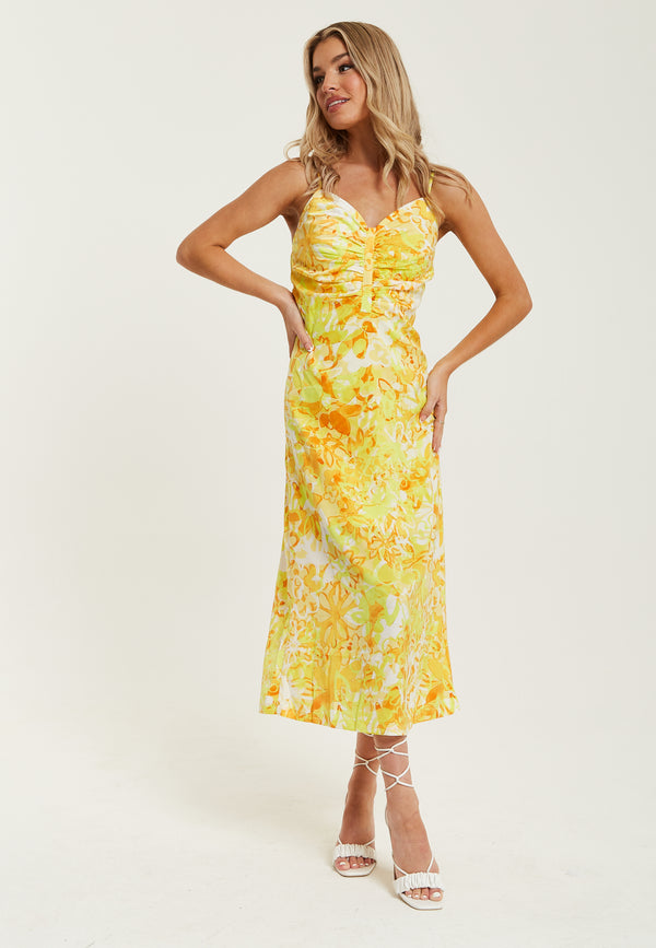 Liquorish Women's Maxi Dress In Yellow And Orange Floral Print With Sleeveless Design And Ruching Detail - Liquorish