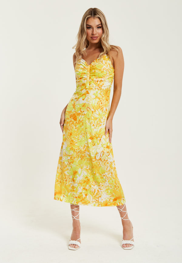 Liquorish Women's Maxi Dress In Yellow And Orange Floral Print With Sleeveless Design And Ruching Detail - Liquorish