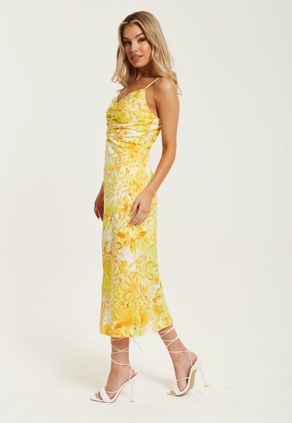 Liquorish Women's Maxi Dress In Yellow And Orange Floral Print With Sleeveless Design And Ruching Detail - Liquorish