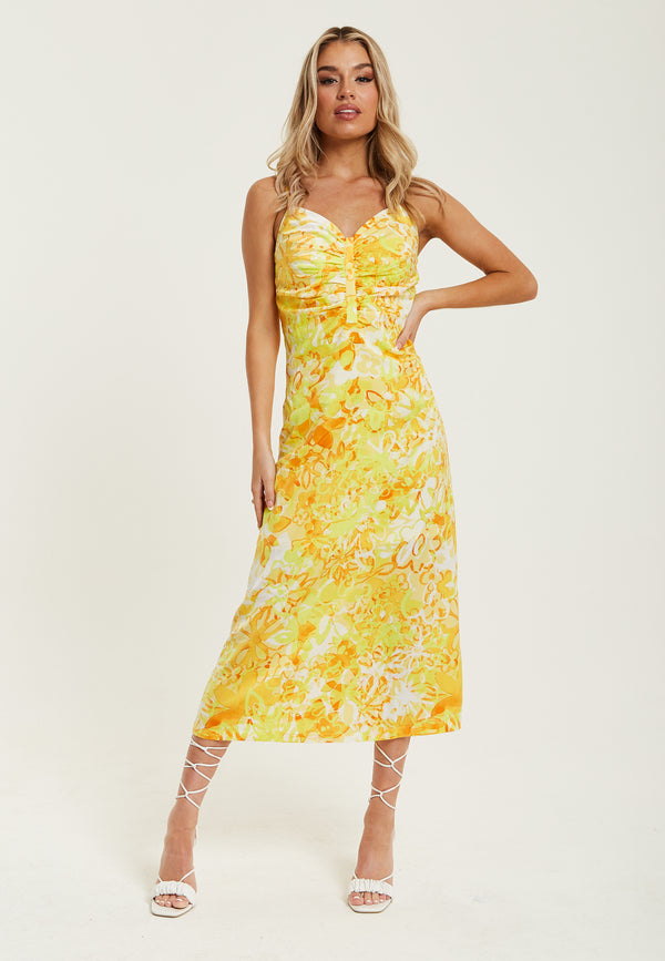 Liquorish Women's Maxi Dress in Yellow and Orange Floral Print with Sleeveless Design and Ruching Detail - Liquorish