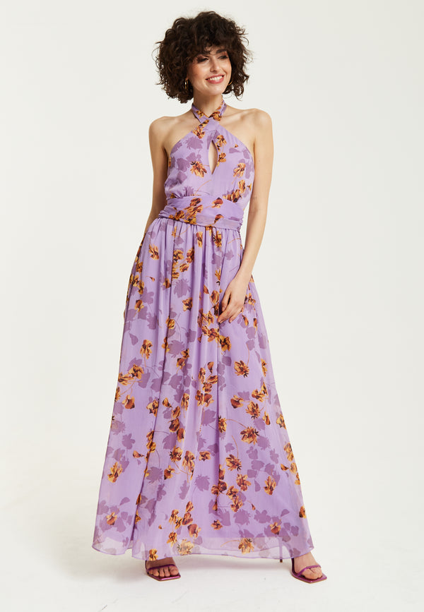 Liquorish Women’s Maxi Dress Purple Floral Print Halter Neck Design Cut-Out Front Open Back Sleeveless Elegant And Flowy