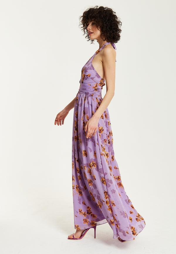 Liquorish Women’s Maxi Dress Purple Floral Print Halter Neck Design Cut-Out Front Open Back Sleeveless Elegant And Flowy