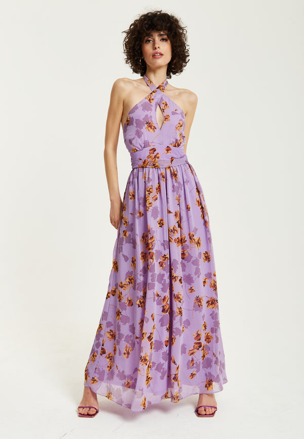 Liquorish Women’s Maxi Dress Purple Floral Print Halter Neck Design Cut-Out Front Open Back Sleeveless Elegant and Flowy
