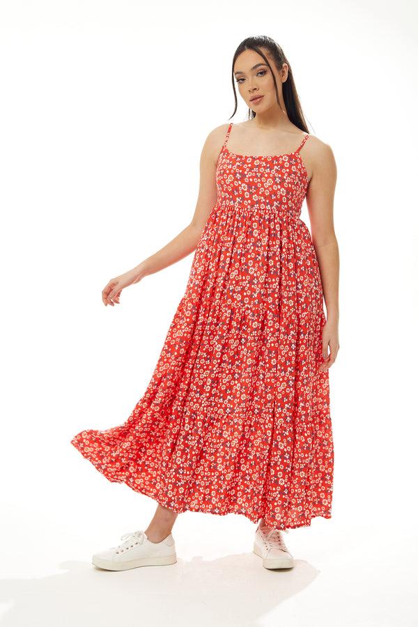 Liquorish Women’s Maxi Dress Red Floral Print Sleeveless Smock Design Elegant Summer Flow