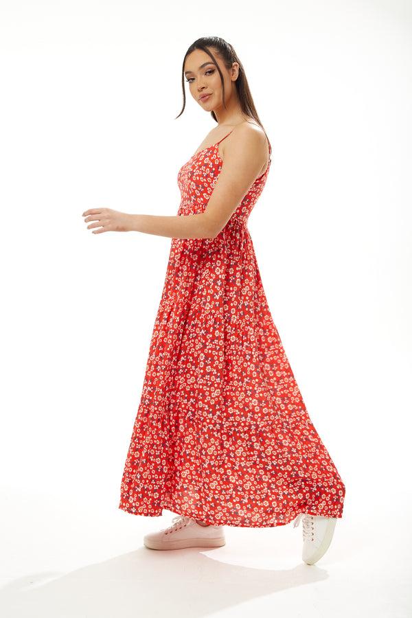 Liquorish Women’s Maxi Dress Red Floral Print Sleeveless Smock Design Elegant Summer Flow